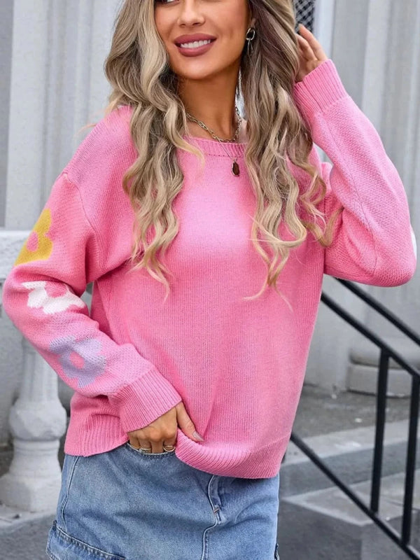 Angel Wings Flower Round Neck Dropped Shoulder Sweater - ShalayeFashion