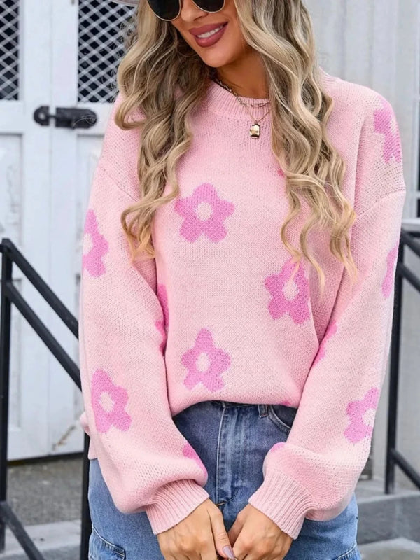 Angel Wings Flower Round Neck Dropped Shoulder Sweater - ShalayeFashion