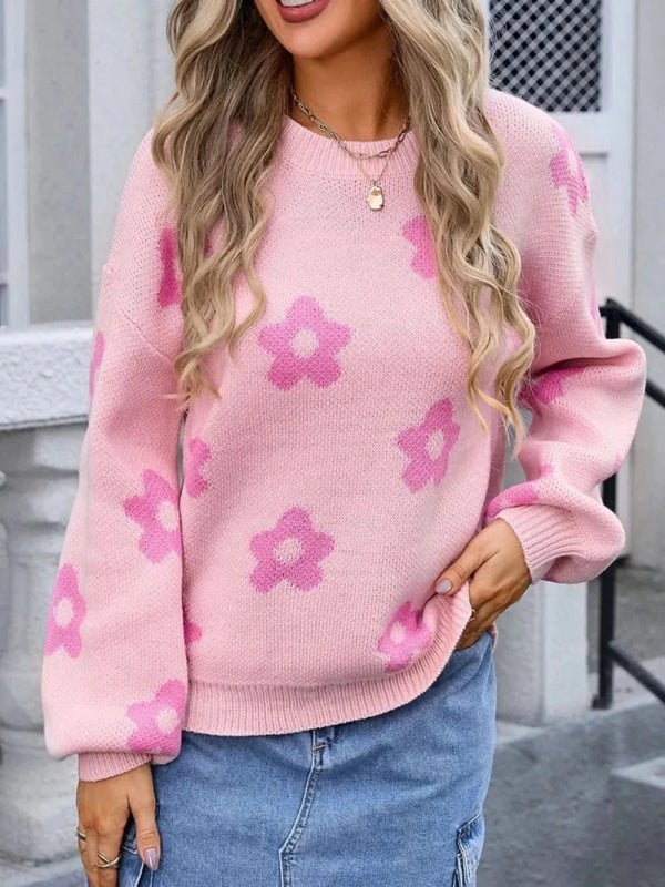 Angel Wings Flower Round Neck Dropped Shoulder Sweater - ShalayeFashion