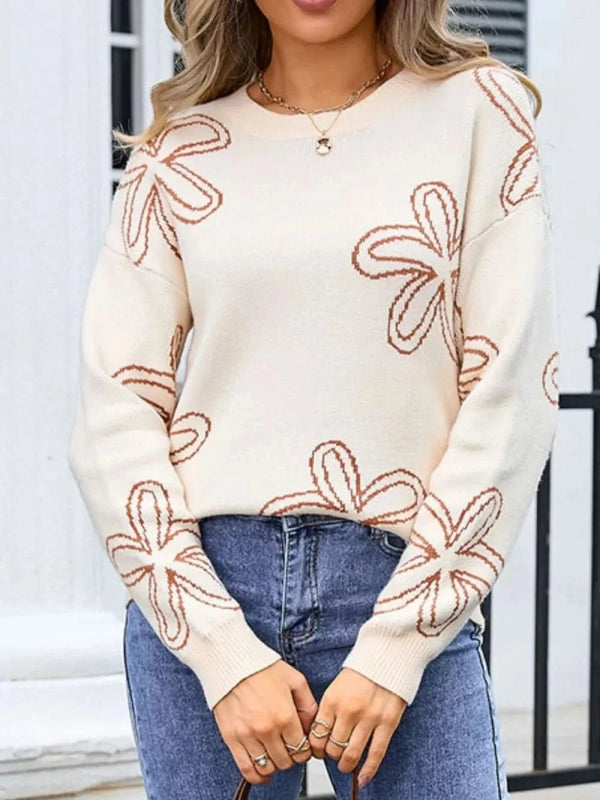 Angel Wings Flower Round Neck Dropped Shoulder Sweater - ShalayeFashion