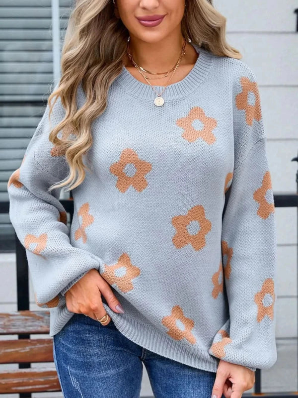 Angel Wings Flower Round Neck Dropped Shoulder Sweater - ShalayeFashion