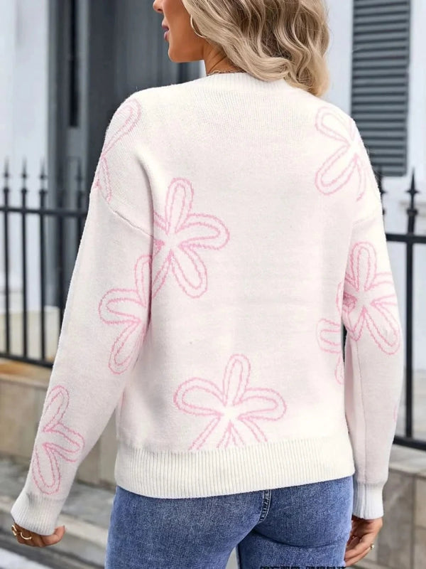 Angel Wings Flower Round Neck Dropped Shoulder Sweater - ShalayeFashion