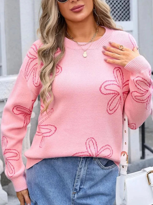 Angel Wings Flower Round Neck Dropped Shoulder Sweater - ShalayeFashion