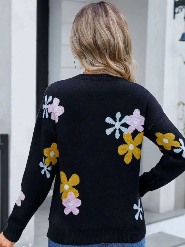 Angel Wings Flower Round Neck Dropped Shoulder Sweater - ShalayeFashion