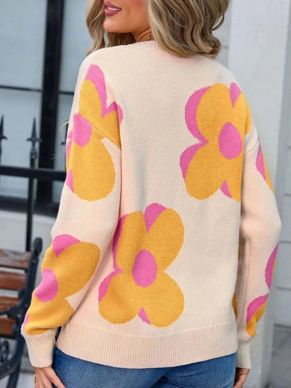 Angel Wings Flower Round Neck Long Sleeve Sweater - ShalayeFashion