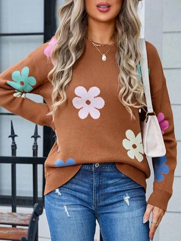 Angel Wings Flower Round Neck Long Sleeve Sweater - ShalayeFashion
