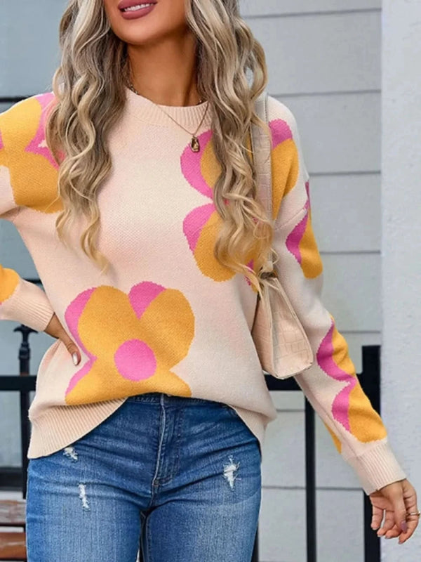 Angel Wings Flower Round Neck Long Sleeve Sweater - ShalayeFashion