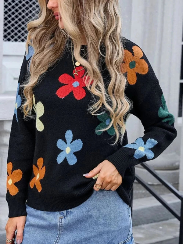 Angel Wings Flower Round Neck Long Sleeve Sweater - ShalayeFashion