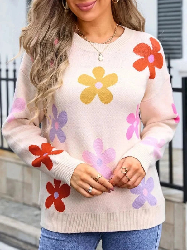 Angel Wings Flower Round Neck Long Sleeve Sweater - ShalayeFashion