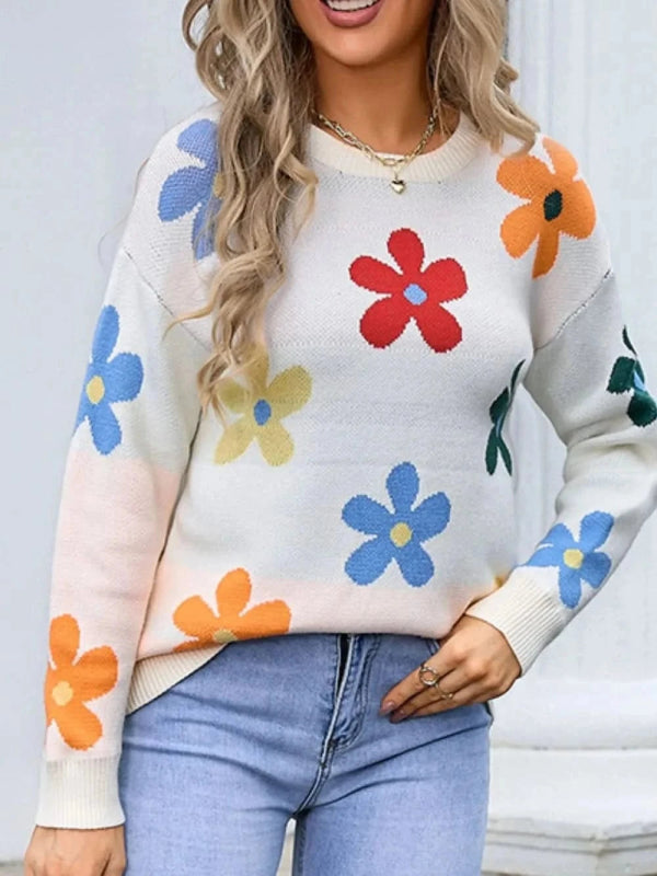 Angel Wings Flower Round Neck Long Sleeve Sweater - ShalayeFashion