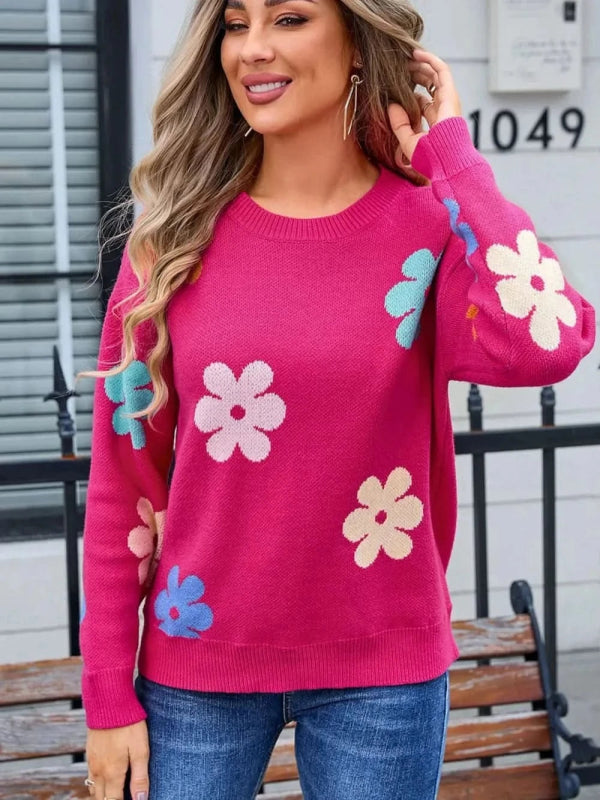 Angel Wings Flower Round Neck Long Sleeve Sweater - ShalayeFashion