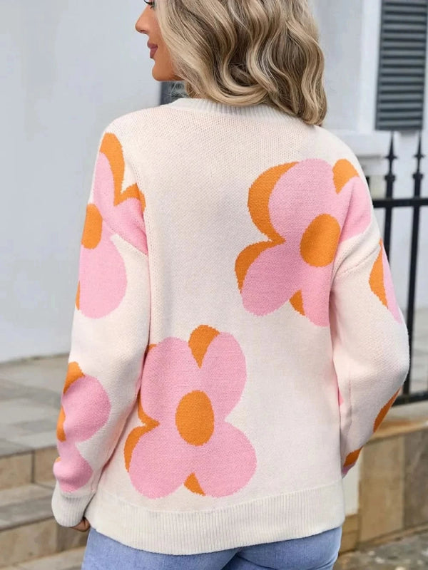 Angel Wings Flower Round Neck Long Sleeve Sweater - ShalayeFashion