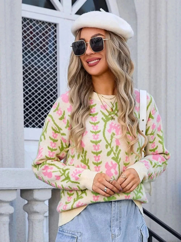 Angel Wings Flower Round Neck Long Sleeve Sweater - ShalayeFashion