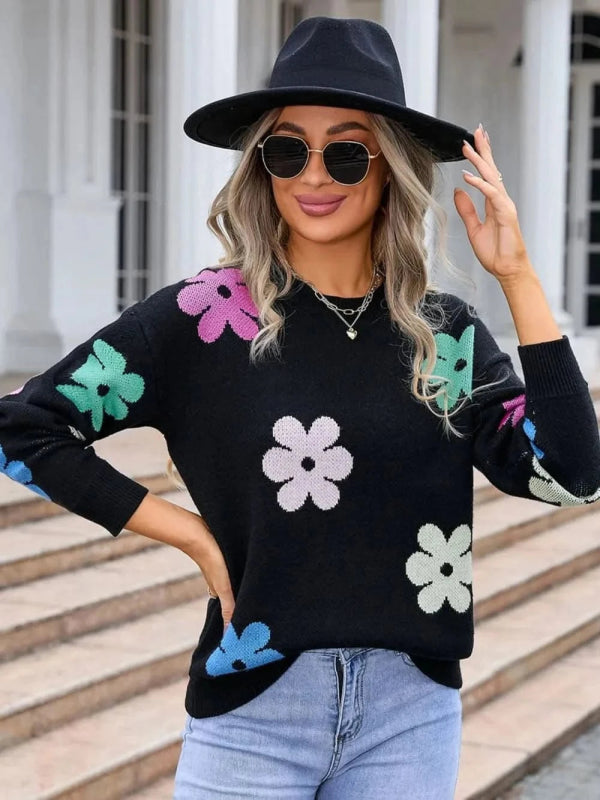 Angel Wings Flower Round Neck Long Sleeve Sweater - ShalayeFashion