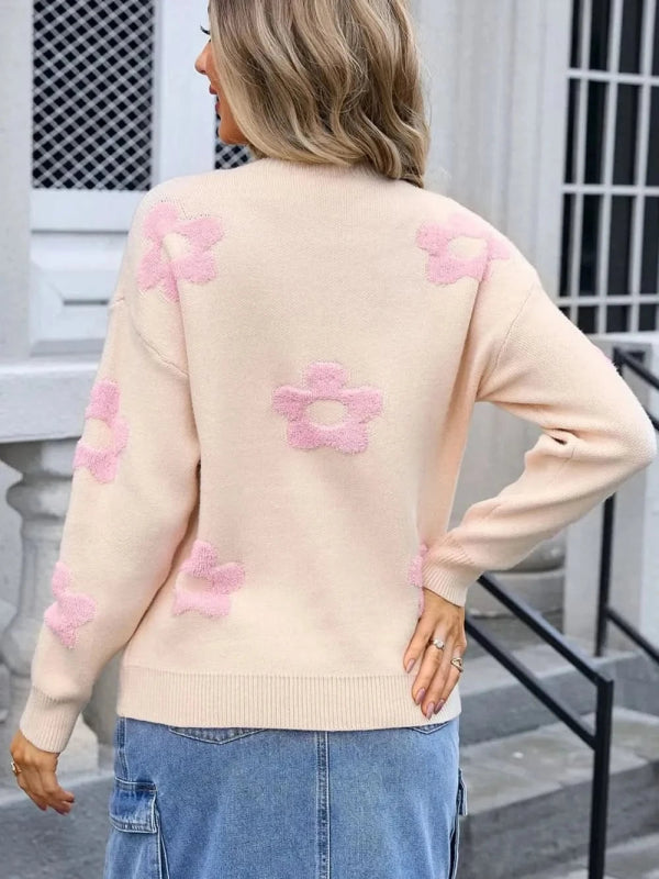 Angel Wings Flower Round Neck Long Sleeve Sweater - ShalayeFashion