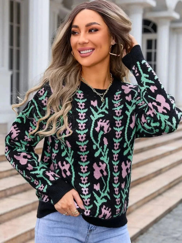 Angel Wings Flower Round Neck Long Sleeve Sweater - ShalayeFashion