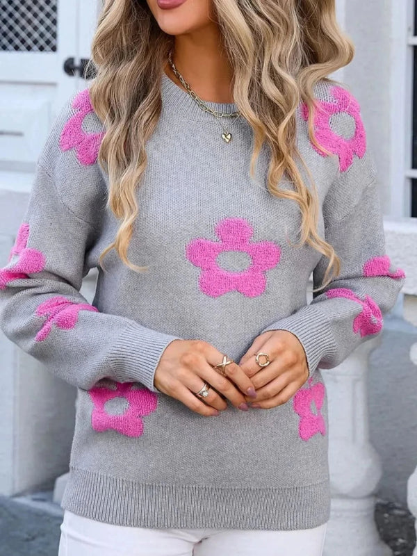 Angel Wings Flower Round Neck Long Sleeve Sweater - ShalayeFashion