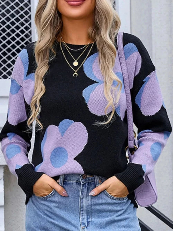 Angel Wings Flower Round Neck Long Sleeve Sweater - ShalayeFashion