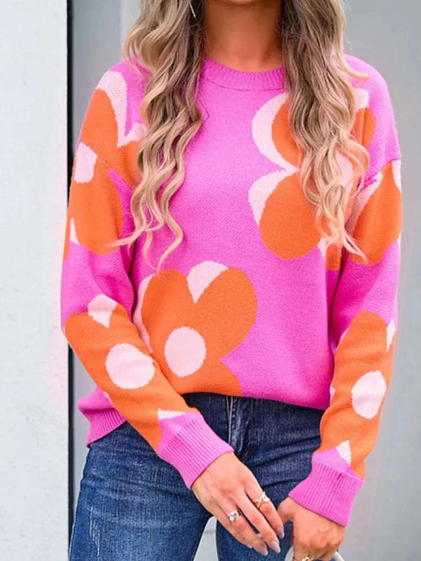 Angel Wings Flower Round Neck Long Sleeve Sweater - ShalayeFashion