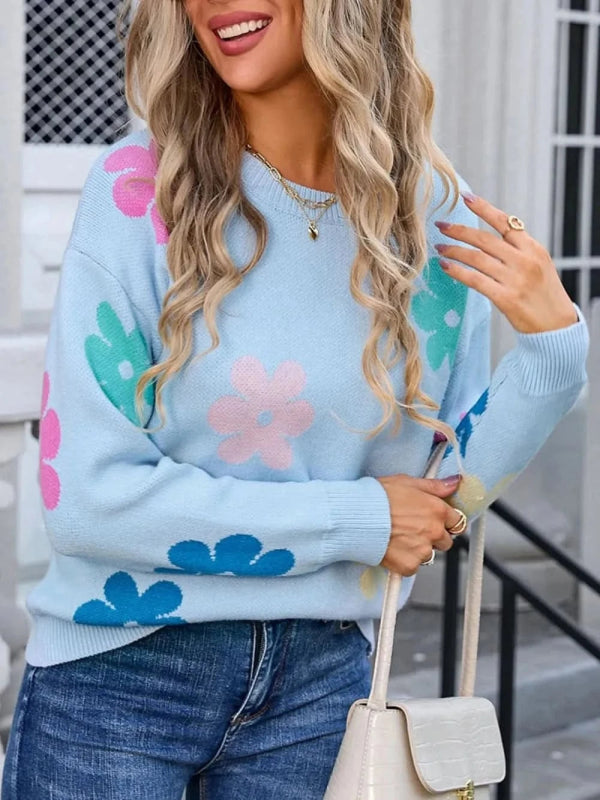 Angel Wings Flower Round Neck Long Sleeve Sweater - ShalayeFashion