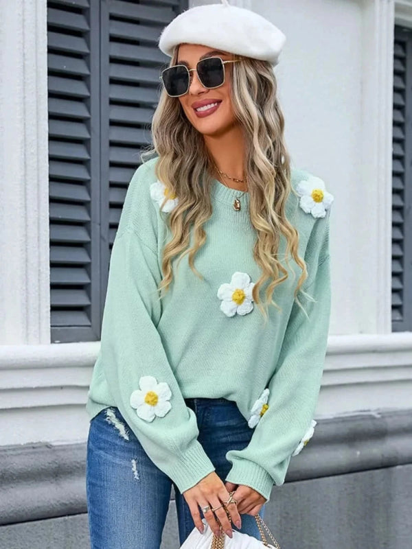 Angel Wings Flower Round Neck Long Sleeve Sweater - ShalayeFashion