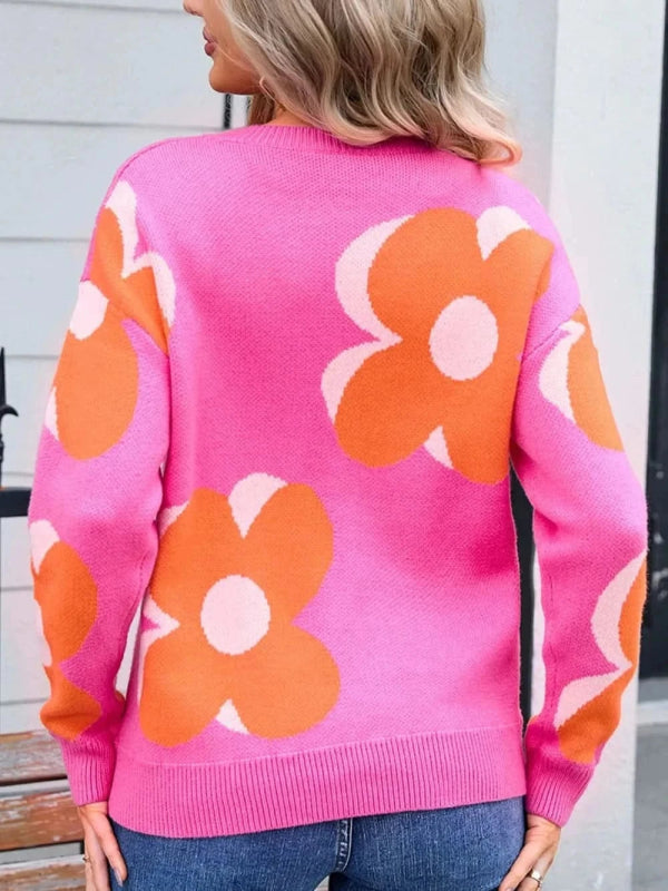 Angel Wings Flower Round Neck Long Sleeve Sweater - ShalayeFashion