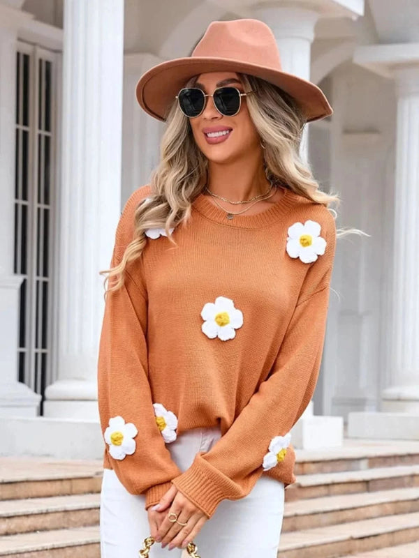 Angel Wings Flower Round Neck Long Sleeve Sweater - ShalayeFashion