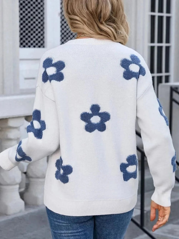 Angel Wings Flower Round Neck Long Sleeve Sweater - ShalayeFashion