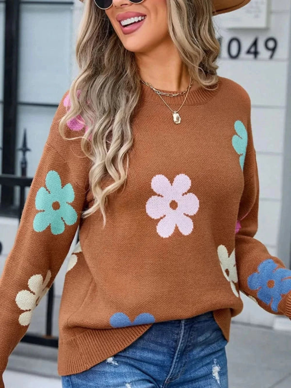 Angel Wings Flower Round Neck Long Sleeve Sweater - ShalayeFashion