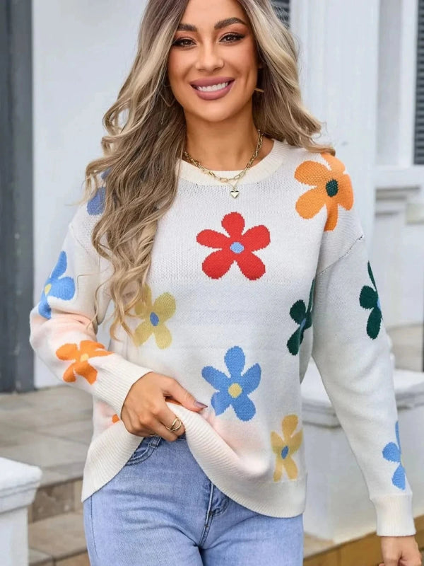 Angel Wings Flower Round Neck Long Sleeve Sweater - ShalayeFashion