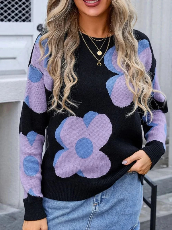 Angel Wings Flower Round Neck Long Sleeve Sweater - ShalayeFashion