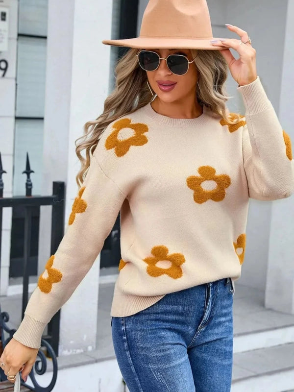 Angel Wings Flower Round Neck Long Sleeve Sweater - ShalayeFashion