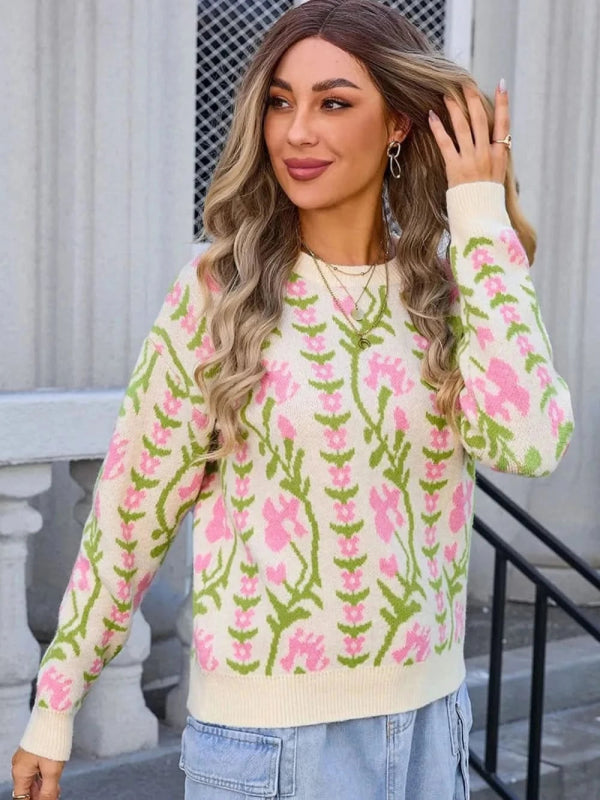 Angel Wings Flower Round Neck Long Sleeve Sweater - ShalayeFashion