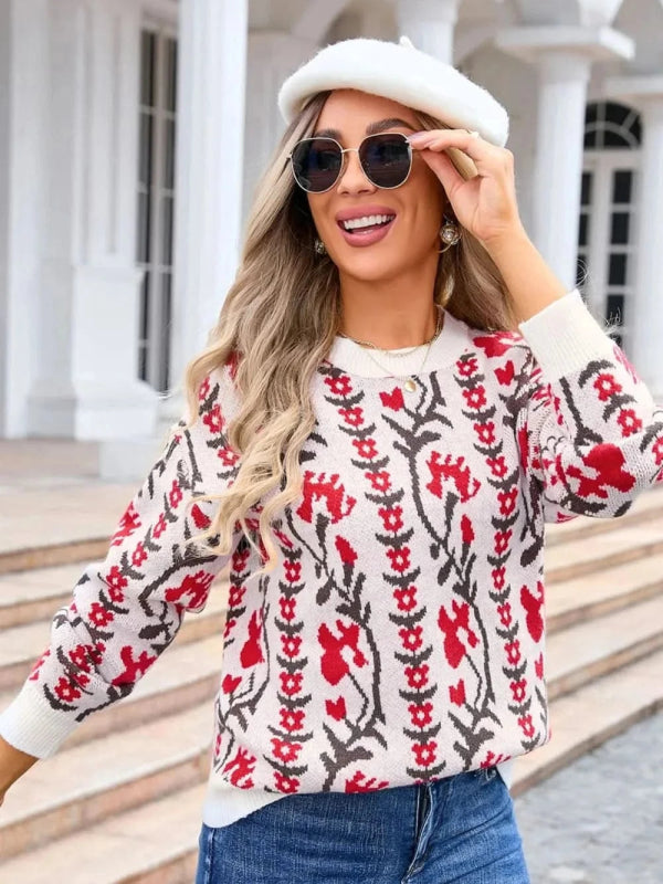 Angel Wings Flower Round Neck Long Sleeve Sweater - ShalayeFashion