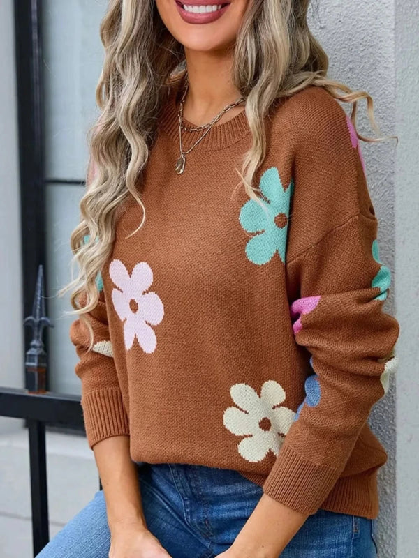 Angel Wings Flower Round Neck Long Sleeve Sweater - ShalayeFashion