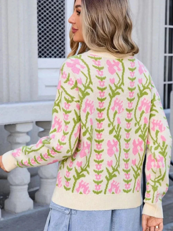 Angel Wings Flower Round Neck Long Sleeve Sweater - ShalayeFashion