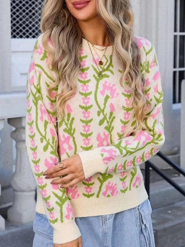 Angel Wings Flower Round Neck Long Sleeve Sweater - ShalayeFashion