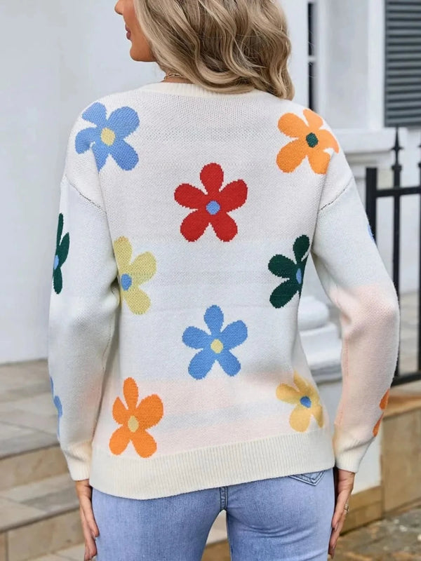 Angel Wings Flower Round Neck Long Sleeve Sweater - ShalayeFashion