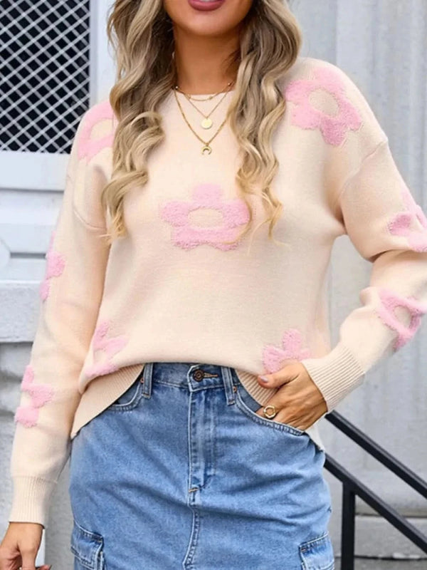 Angel Wings Flower Round Neck Long Sleeve Sweater - ShalayeFashion