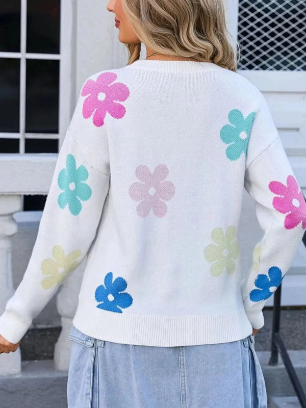 Angel Wings Flower Round Neck Long Sleeve Sweater - ShalayeFashion