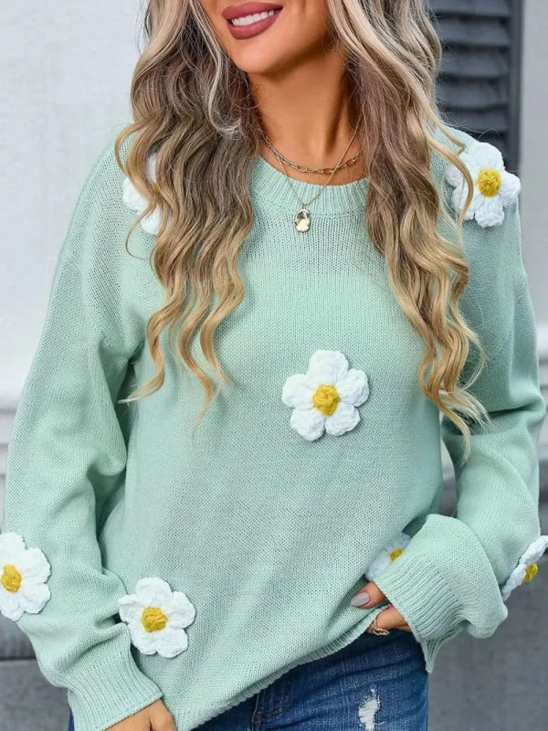 Angel Wings Flower Round Neck Long Sleeve Sweater - ShalayeFashion