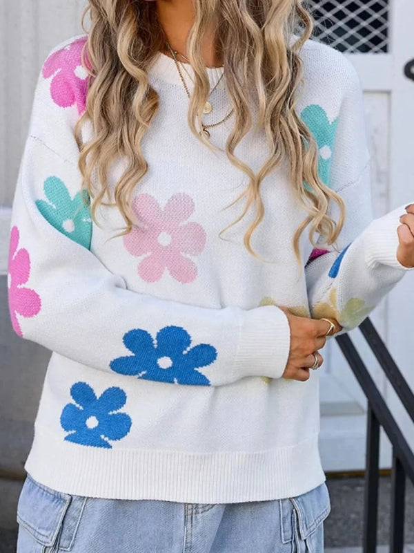 Angel Wings Flower Round Neck Long Sleeve Sweater - ShalayeFashion