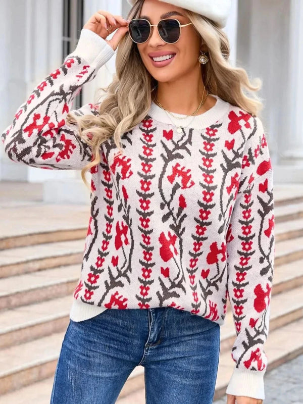 Angel Wings Flower Round Neck Long Sleeve Sweater - ShalayeFashion