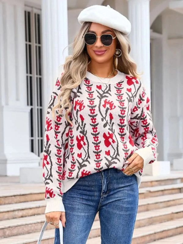 Angel Wings Flower Round Neck Long Sleeve Sweater - ShalayeFashion
