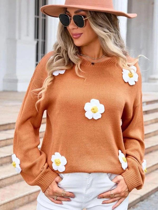 Angel Wings Flower Round Neck Long Sleeve Sweater - ShalayeFashion