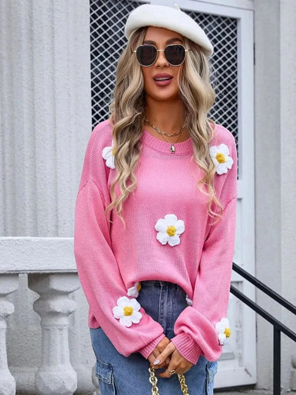 Angel Wings Flower Round Neck Long Sleeve Sweater - ShalayeFashion