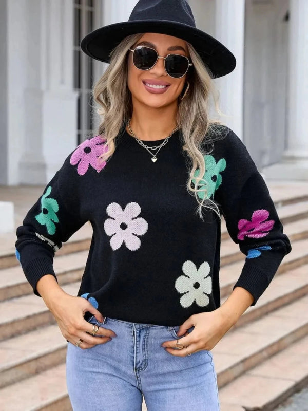 Angel Wings Flower Round Neck Long Sleeve Sweater - ShalayeFashion