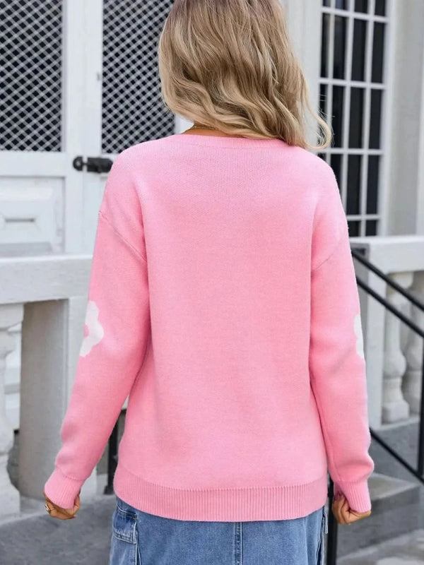 Angel Wings Flower V - Neck Long Sleeve Sweater - ShalayeFashion
