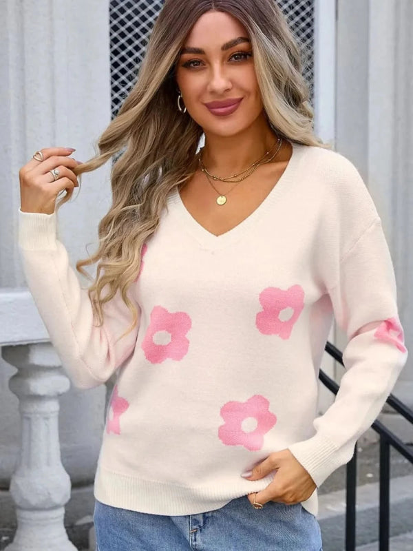 Angel Wings Flower V - Neck Long Sleeve Sweater - ShalayeFashion