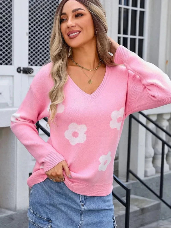 Angel Wings Flower V - Neck Long Sleeve Sweater - ShalayeFashion